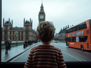 Obraz premium Child looking out of a window at Big Ben and a double-decker bus in London, capturing travel and curiosity