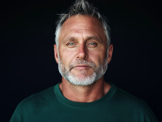 Obraz premium Portrait of a mature man with gray hair and a serious expression, wearing a green sweater