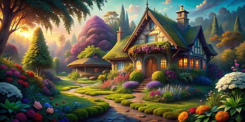 Obraz premium Enchanted Cottage on White Background - Fantasy Home Illustration for Magical Landscapes and Dreamy Decor Ideas
