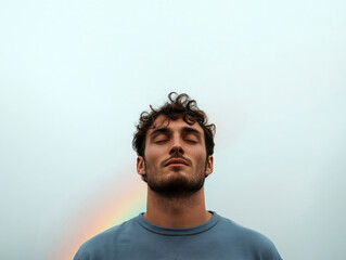 Obraz premium Man meditating outdoors at sunset, finding peace and mindfulness in nature