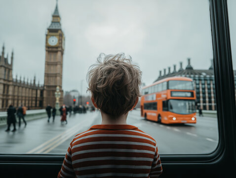 Child looking out of a window at Big Ben and a double-decker bus in London, capturing travel and curiosity