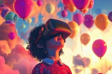A young child wearing a virtual reality headset surrounded by colorful balloons, perfect for tech-related or playful scenes