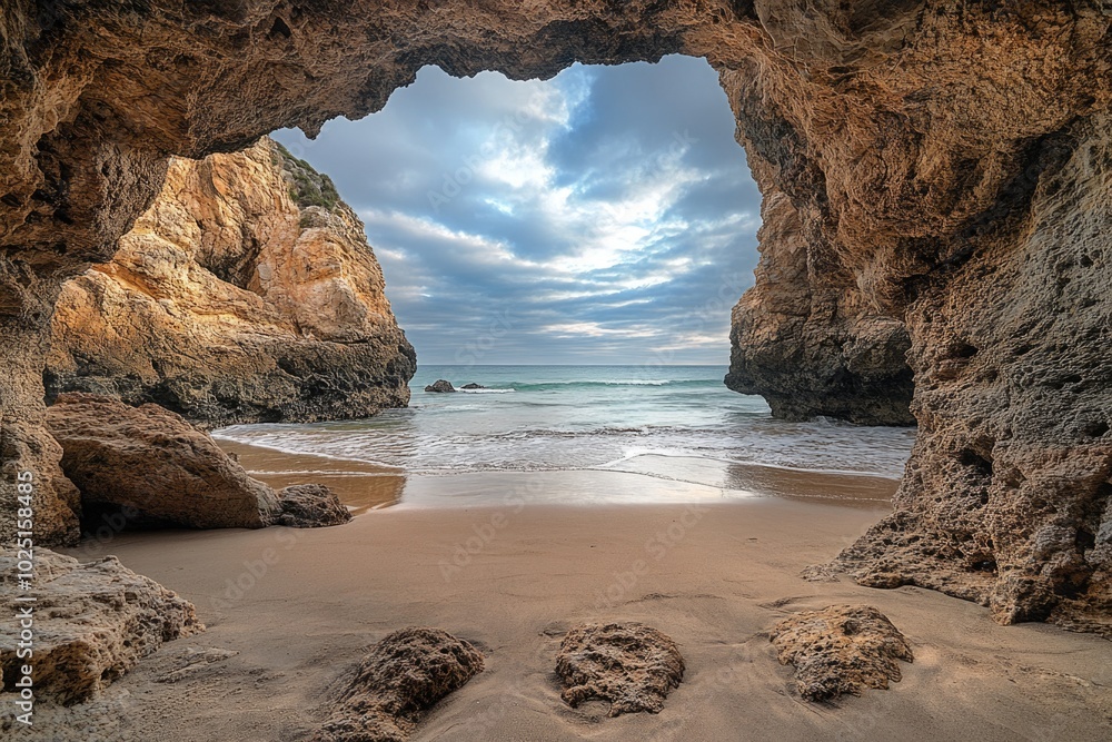 Poster a serene ocean view seen through the opening of a cave, perfect for use in scenes where characters a