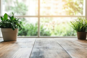 Fototapeta premium Indoor plants on a wooden table near a window with natural light