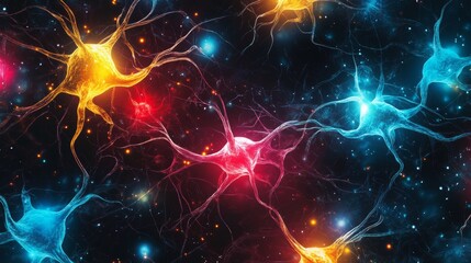 Fototapeta premium Illustration of neurone cells with shining impulses on dark space in various colours. 4K 3D illustration 