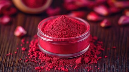 Close-Up of Carmine Extraction Process with Dried Cochineal Insects Ground into Red Pigment and Collected in a Small Jar