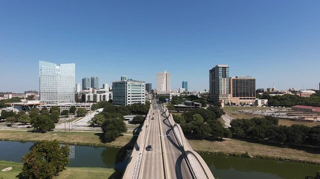 Fort Worth, TX USA - October 8, 2024: FPV Aerial drone video of the 7th street bridge leading into downtown Fort Worth.