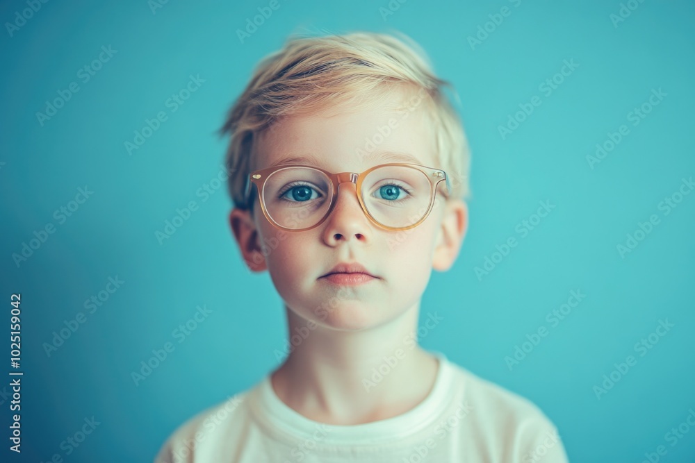 Poster A young boy wearing glasses and a white shirt, suitable for use in illustrations, school or family photos