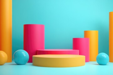 A collection of colorful cylinders and balls arranged on a blue surface, great for use in educational or promotional materials