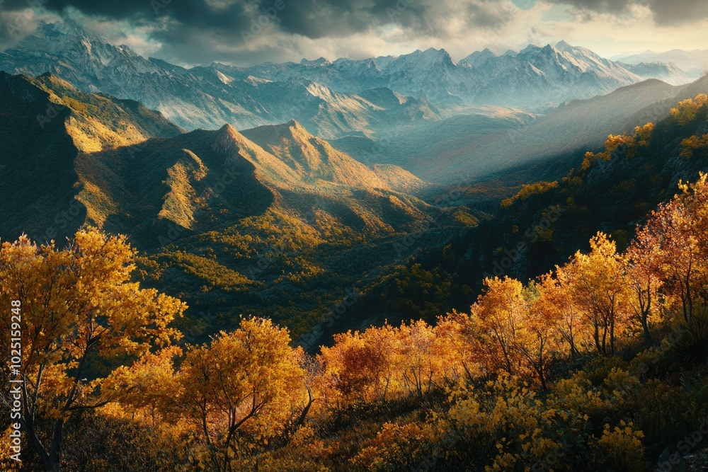Poster a serene autumn scene with a mountain range in the background, featuring lush green trees and vibran