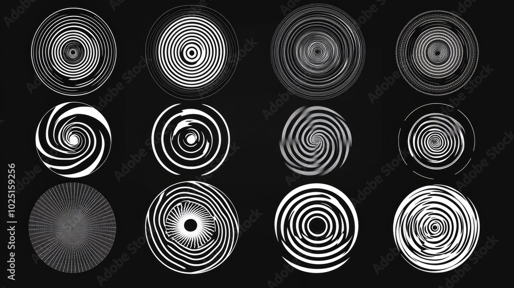 Poster set of six circular designs on a black background, great for use in digital products or branding pro