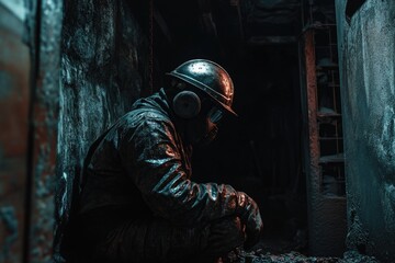 Obraz premium A person wearing a gas mask sits on the ground, possibly in a post-apocalyptic or industrial setting