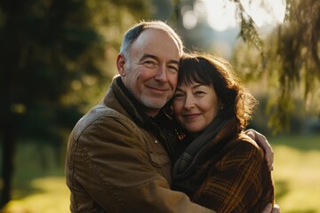Obraz premium A couple embracing in a serene outdoor setting, perfect for love stories or family moments