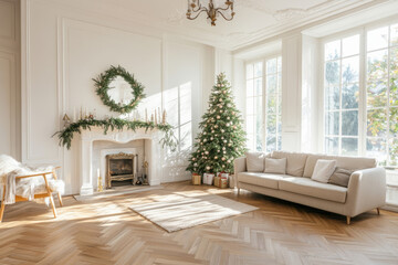Living room with a Christmas tree, festive garlands, and classic furniture