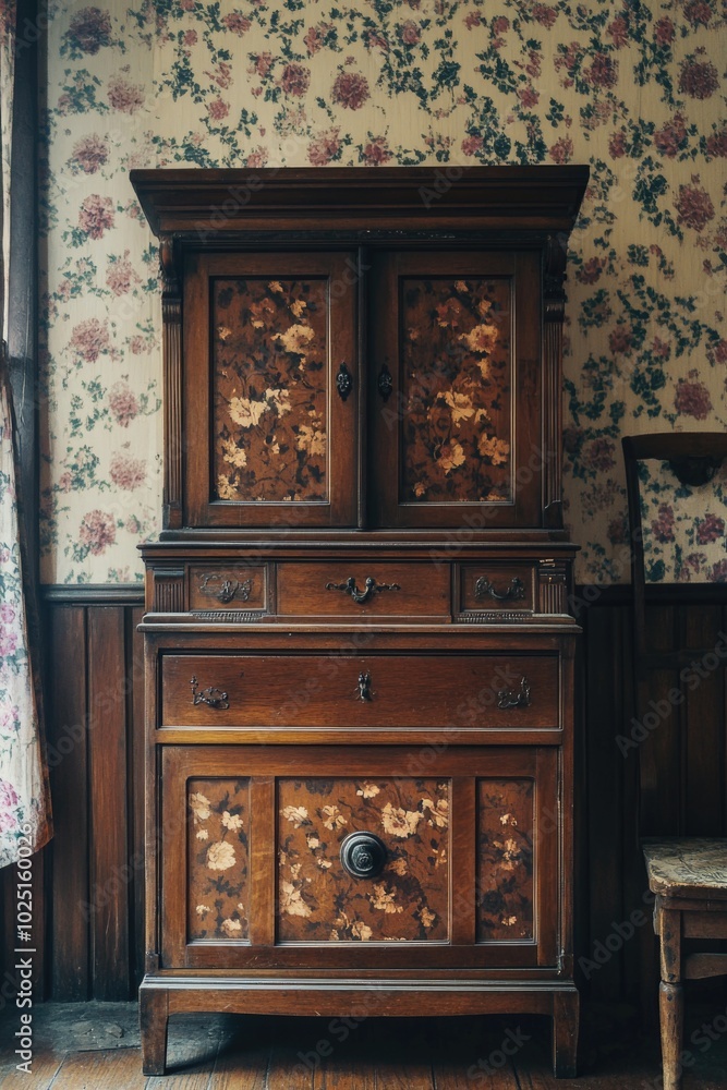 Wall mural a wooden cabinet sits next to a chair in a room, ideal for use in interior design or furniture store