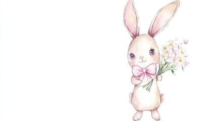 Obraz premium Bunny with flowers in hand on white background