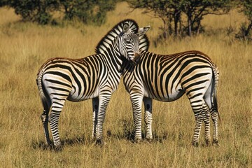Two zebras standing side by side in a grassy field, peaceful and natural
