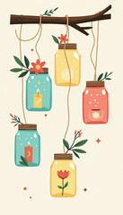 Hanging Mason Jar Lanterns with Flowers and Candles, Decorative Illustration