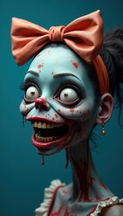 A high-quality funny girl zombie head on the right, her skin peeling and wearing a silly bow, against a solid deep blue background.