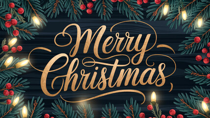 Elegant Merry Christmas Calligraphy with Pine Decor