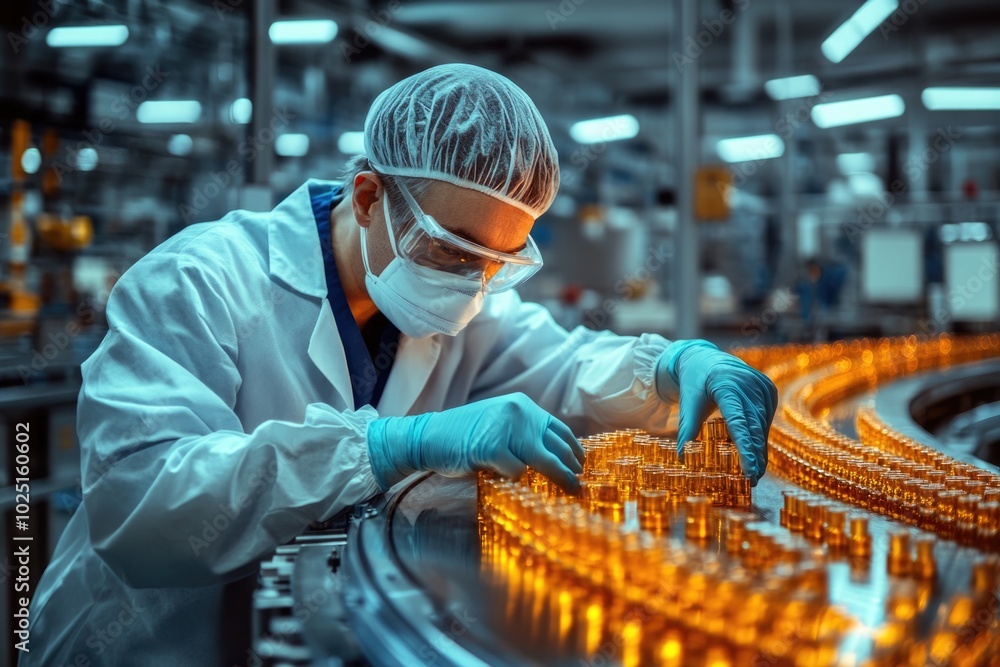 Poster a person in a lab coat and mask works on a moving conveyor belt