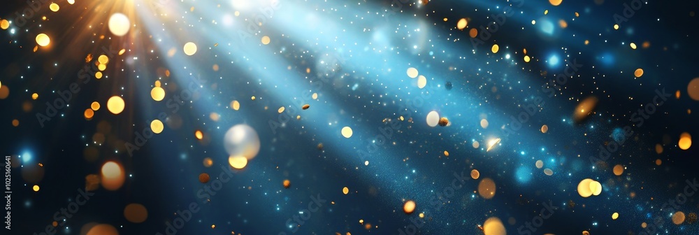 Poster a captivating image of a dark blue background illuminated by rays of light, with a scattering of gol