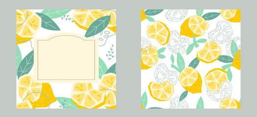 Lemon designs set. Lemonade or juice label design seamless with pattern and label template for brand name, hand drawn vector illustration isolated on background.