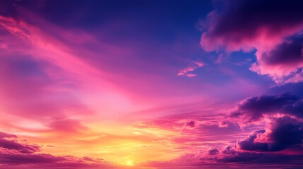 Obraz premium A captivating sunset sky with vibrant hues of pink, purple, and orange, representing hope, tranquility, beauty, passion, and the end of a day.