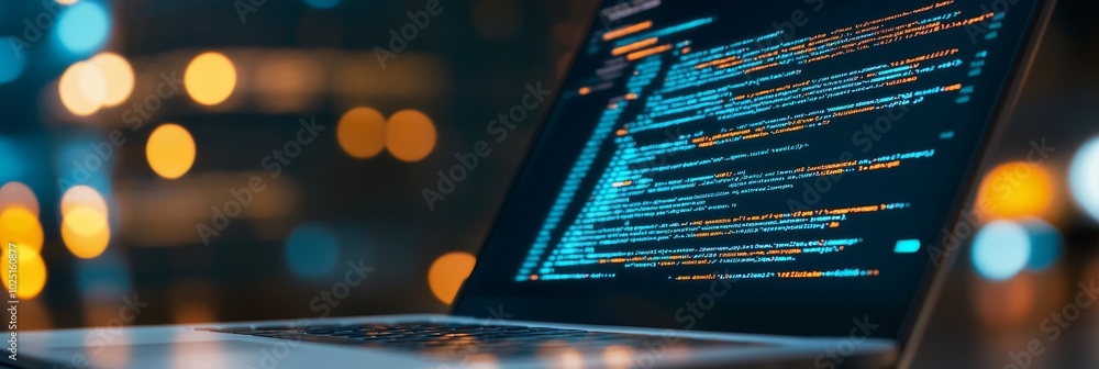 Poster a close-up shot of a laptop screen displaying lines of code, with a blurred city lights background. 