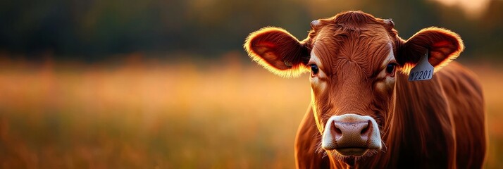 A close-up portrait of a curious brown cow with a tag in its ear, standing in a field bathed in warm golden light. The cow's gentle gaze and soft features evoke a sense of peace and tranquility, while