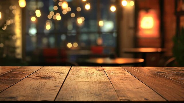 A wooden table sits empty in a dimly lit restaurant with warm lights and a city view outside the window