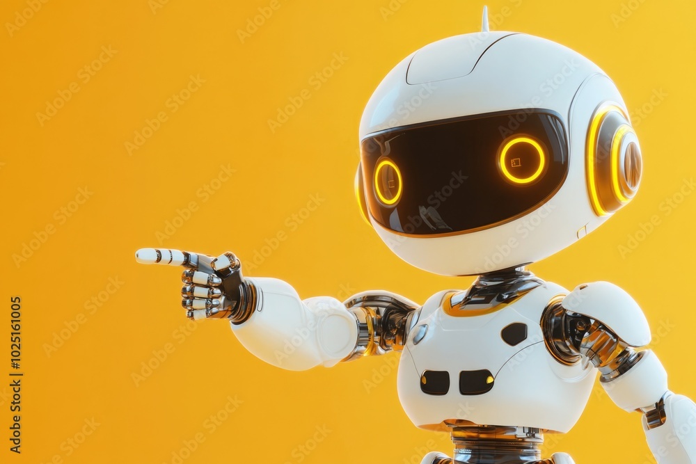 Poster A white robot points at something on a yellow background