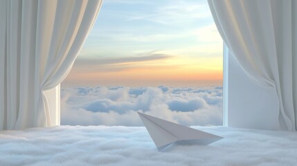A cozy white room with a large window overlooking a stunning view of the clouds and a paper airplane resting on a bed of clouds, symbolizing freedom, dreams, adventure, and a sense of calm.