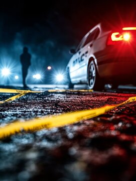 A crime scene investigation unfolds under the cloak of night, with police officers examining the scene and a blurry silhouette of a suspect in the background, illuminating the gravity of the situation