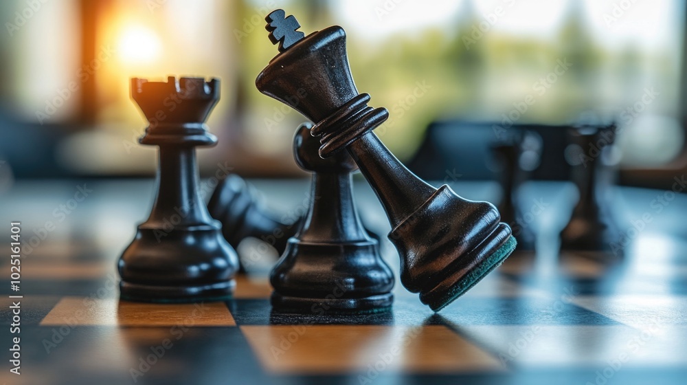 Poster a detailed view of chess pieces on a board, perfect for illustrating strategy or competition concept
