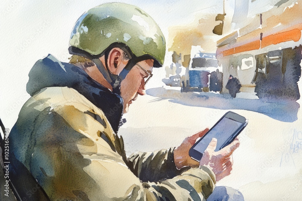 Poster A person in a helmet examines their cell phone, possibly checking messages or notifications
