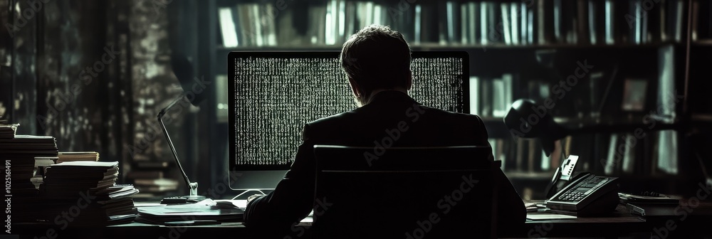 Poster a detective works late into the night, diligently deciphering a cryptic code displayed on a computer