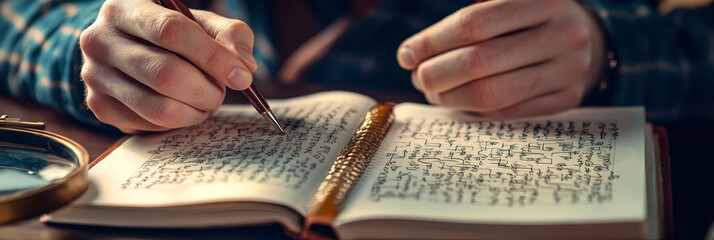 A detective carefully examines a notebook filled with coded messages, using a magnifying glass to decipher the secret writing,  a classic mystery, codebreaking, secret writing, detective work, investi