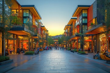 Obraz premium Evening Stroll Through the Modern Urban Shopping Center