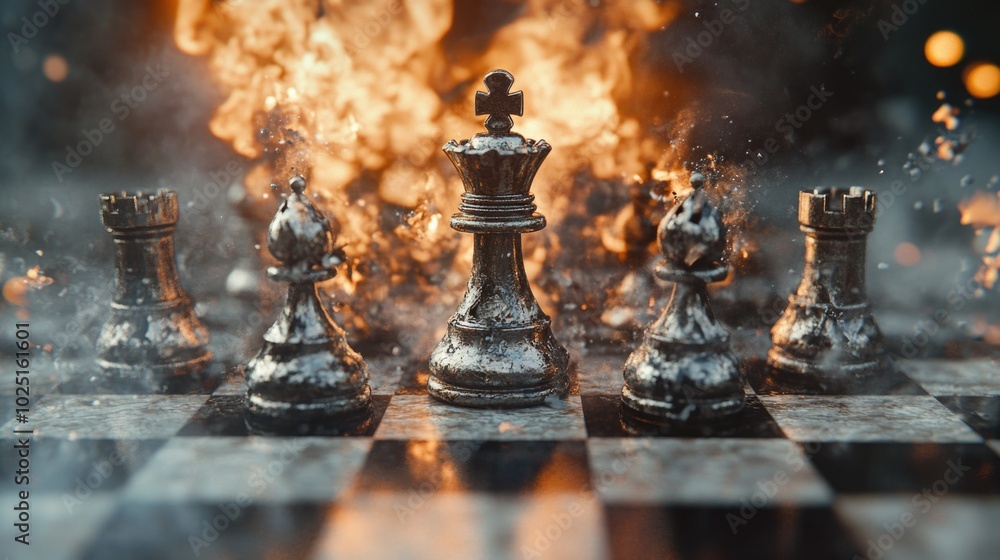 Aufkleber a close-up shot of a chess board with flames burning in the background, great for adding a sense of 