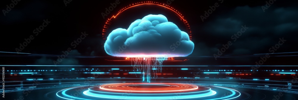Poster a futuristic depiction of cloud computing, with a holographic cloud emitting data streams. this imag