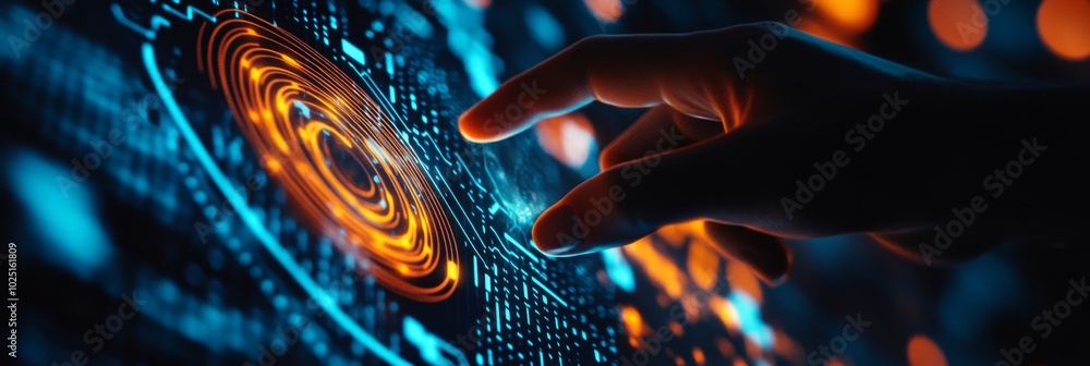 Aufkleber a hand interacts with a futuristic computer interface featuring glowing circles and lines, represent
