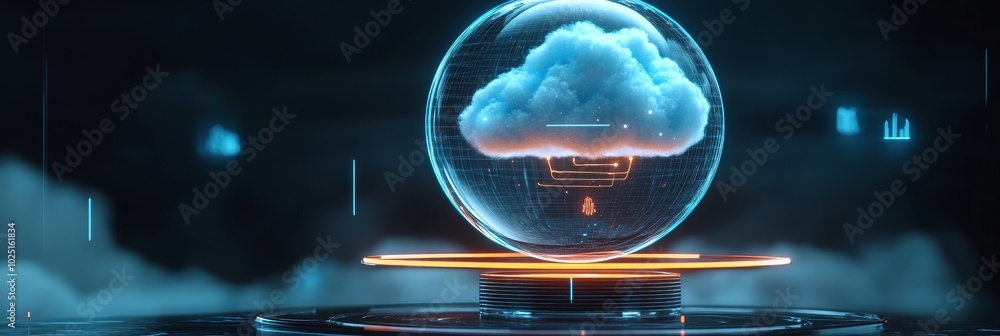 Poster a holographic representation of a cloud, symbolizing data storage, digital transformation, innovatio