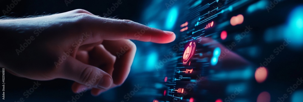 Poster a hand reaches out and interacts with a futuristic computer interface, showcasing advanced technolog