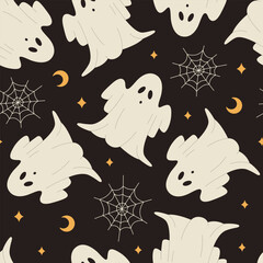 Seamless pattern with ghosts, webs, moons and stars on black background. Spooky Halloween night. Funny monsters. Vector flat illustration