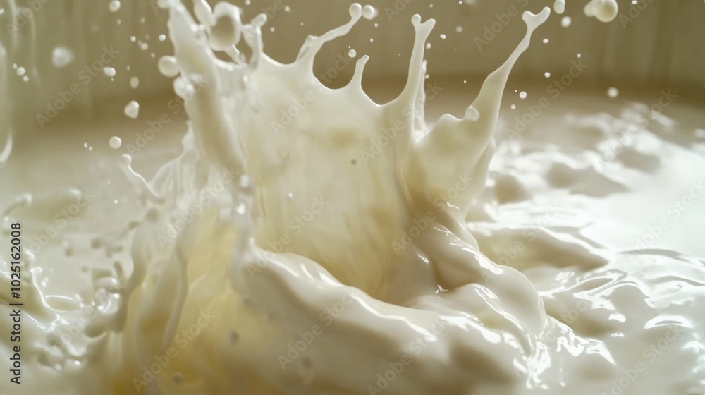 Poster a bowl of milk with a small amount of liquid splashed on the surface, a simple and clean composition