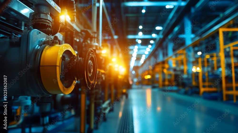 Poster a modern factory interior with an industrial machine in the foreground, showcasing advanced manufact