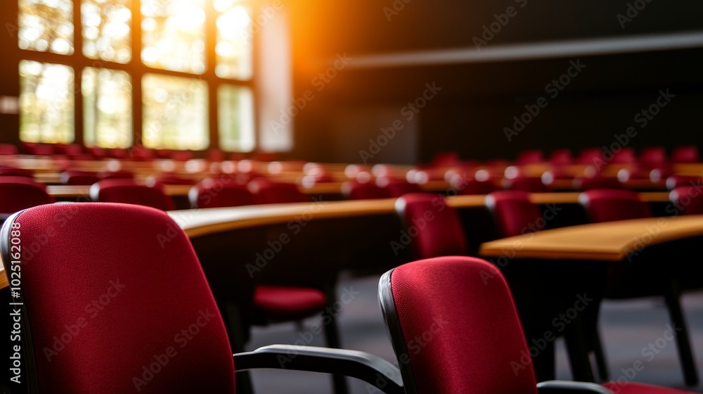 Poster A modern university lecture hall with curved desks and natural light streaming in through the large windows. The chairs are empty, symbolizing the potential for learning and growth.