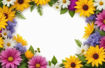 Fototapeta premium Pastel colors frame with free place for text made from lot of spring flowers. Greeting card for spring holidays. Template for Birthday, Women's Day, Mother's Day. Floral picture.