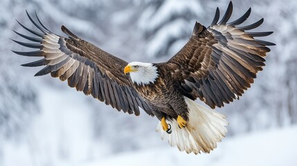 A bald eagle spreading its wings in mid-flight, isolated on white background 